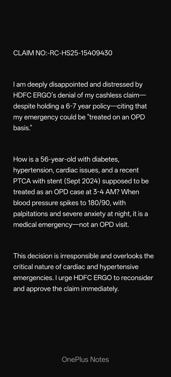 kamranashraf129's tweet image. @HDFCERGOGIC I am deeply disappointed and distressed by HDFC ERGO’s denial of my cashless claim—despite holding a 6-7 year policy—citing that my emergency could be "treated on an OPD basis."

#HealthInsuranceFail #HDFCERGO #ClaimDenied #PatientRights #CardiacEmergency