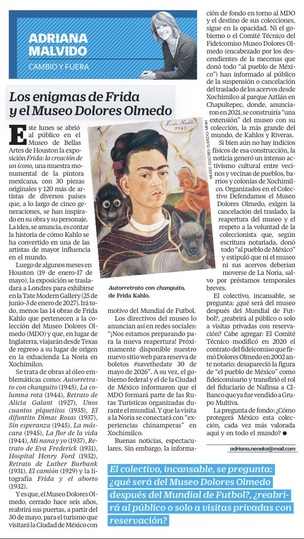 amalvido's tweet image. La colección Gelman ya se fue a España, se supo hace unas horas . Reitero aquí la pregunta que planteo en mi columna de hoy  acerca del acervo de Dolores Olmedo : ¿Cómo protegerá México esta colección, cada vez más valorada aquí y en todo el mundo?