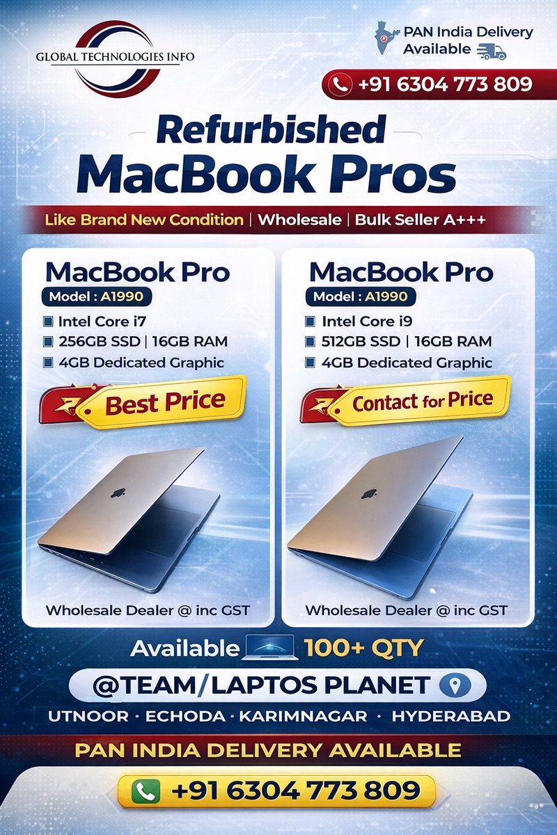 MotivationTf's tweet photo. Macbook Pro* Model : *A1990* Core *i7* 256GB SSD/16GB RAM *4GB Dedicated Graphic* Wholesale Dealer @ inc *GST* 2.*Macbook Pro* Model : *A1990* Core *i9* 512GB SSD/16GB RAM *4GB Dedication Graphic* Wholesale Dealer @ inc *GST* Available *100+ QTY* #globaltechinfo https://t.co/IbLU12rHvi