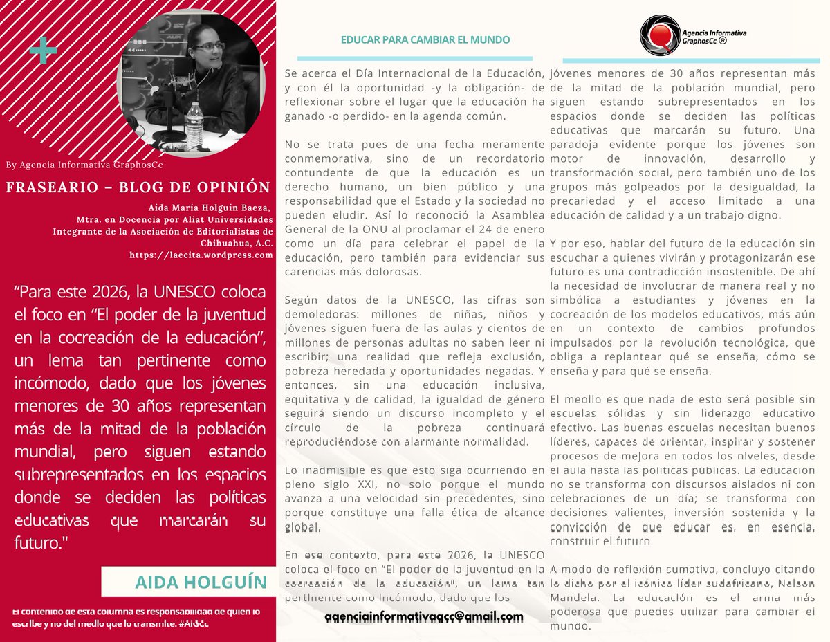 #GraphosCc #Noticias #BarradeOpinión #Columna #FRASEARIO | Educar para cambiar el mundo...Por Aída María Holguín Baeza by #AgenciaInformativaGraphosCc
<a href="/laecita/">Aída María Holguín Baeza</a>
facebook.com/share/p/1D5PUA…