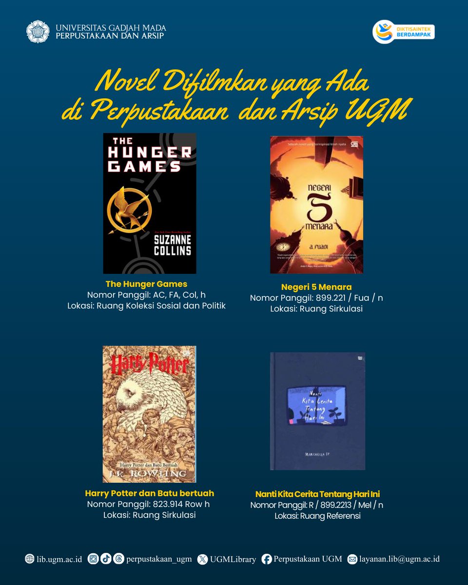 Novel yang Difilmkan, Kini Bisa Sobat Perpus Baca di Perpustakaan dan Arsip UGM. Dengan membaca novelnya, Sobat Perpus bisa mengenal tokoh, alur, dan latar cerita secara lebih utuh, termasuk detail-detail menarik yang tidak selalu ditampilkan dalam adaptasi film 🙌🏻