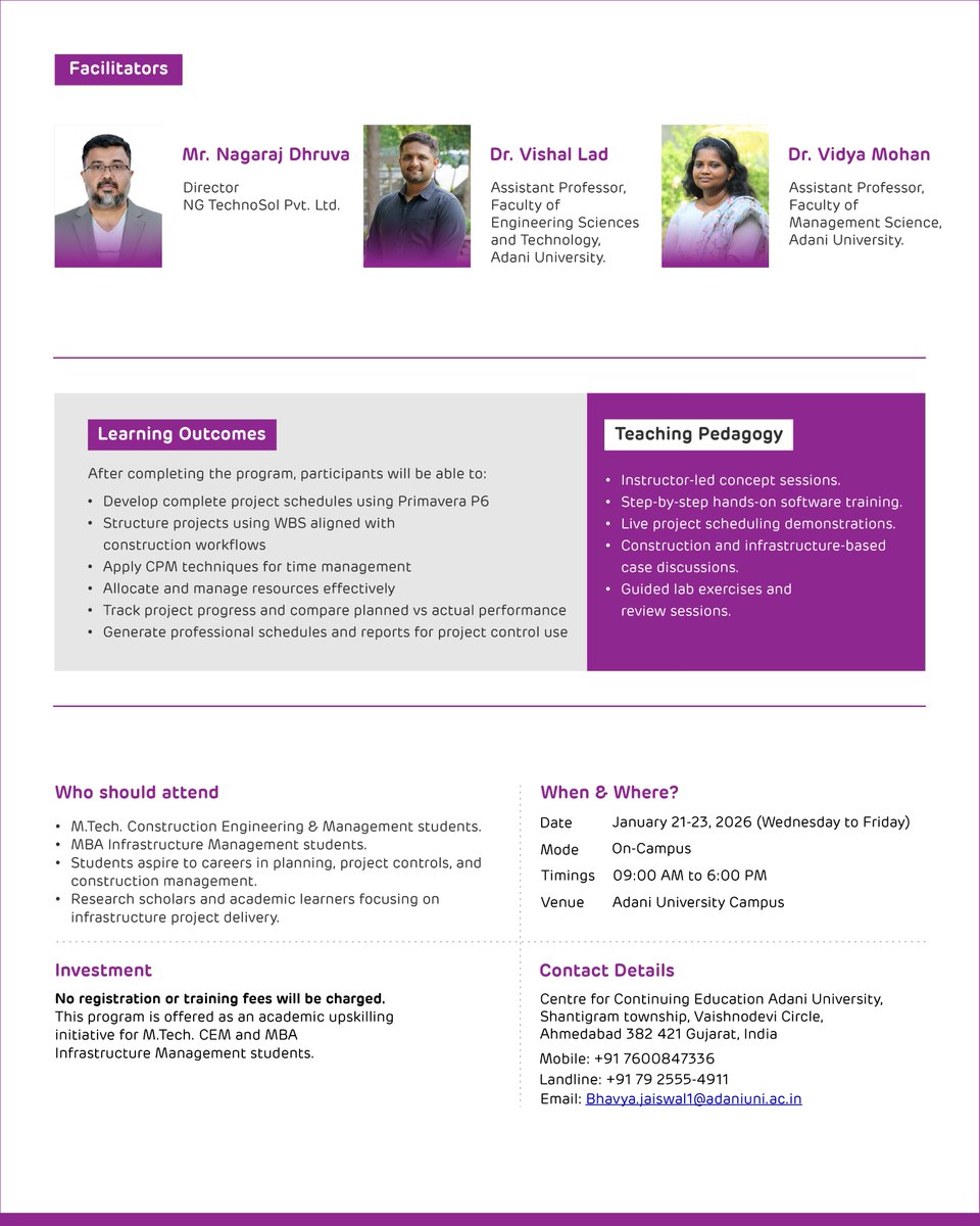 AdaniUniversity's tweet photo. Plan Smart. Control Better. Deliver on Time.
A 3-Day Hands-on Training on Oracle Primavera P6 under the Student Upskilling Program (21–23 Jan 2026) has begun at Adani University.
Expert: Mr. Nagaraj Dhruva, NG TechnoSol Pvt. Ltd.
#AUCCE #AdaniUniversity #NGTechnoSol #Primavera https://t.co/m3hCOfSknw