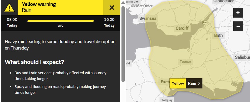metoffice's tweet image. ⚠️ Yellow weather warning issued ⚠️ 

Rain across parts of south Wales and southwest England

Thursday 08:00 - Thursday 16:00

Latest info 👉bit.ly/WxWarning 

Stay #WeatherAware ⚠️