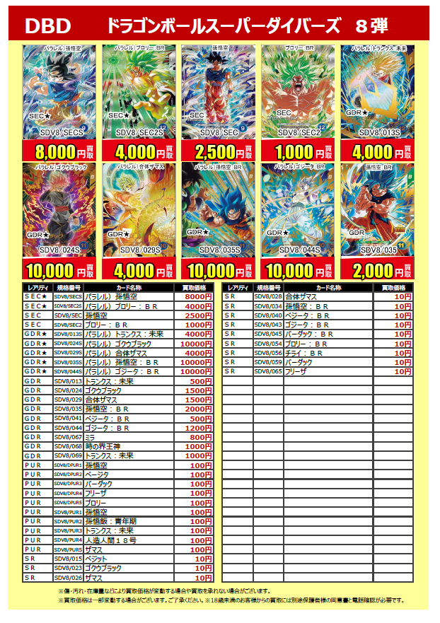 買取情報】 #ドラゴンボールスーパーダイバーズ 8弾 買取価格を更新