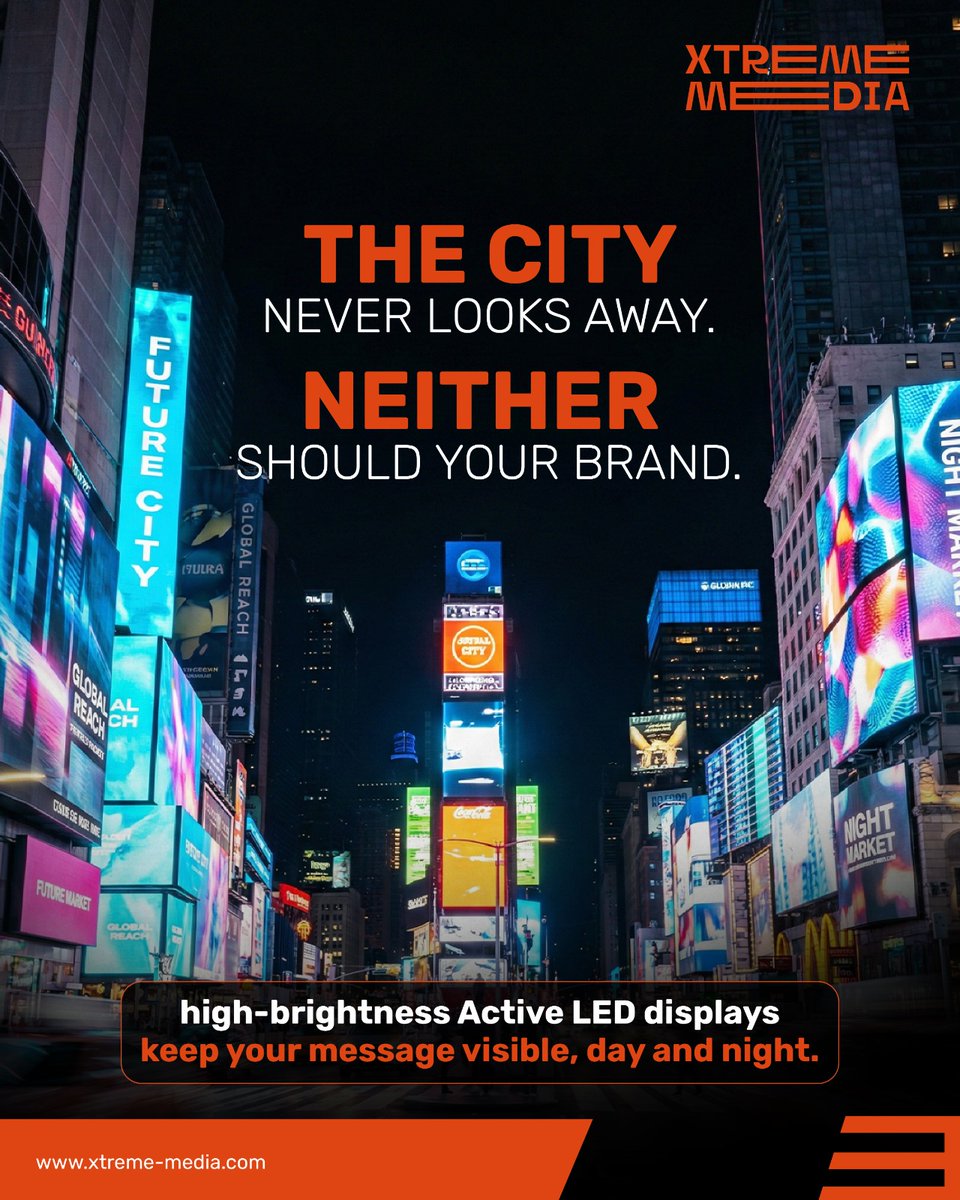 XtremeMediaIn's tweet image. The city never looks away. Neither should your brand. Stay visible—day and night with Active LED.

#XtremeMedia #ActiveLED #DigitalDisplaySolutions #DigitalTransformation