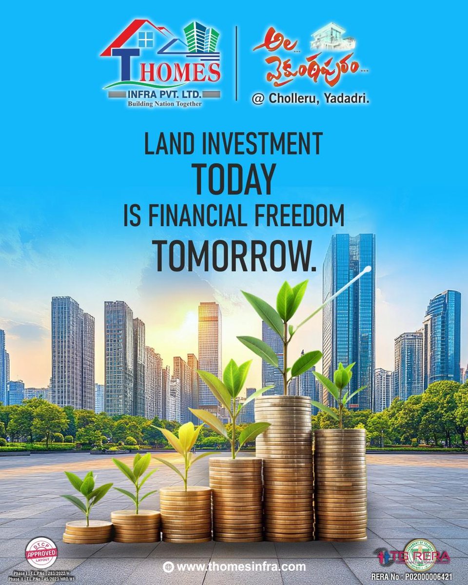 ThomesInfraOff's tweet photo. Secure your future with T-Homes! 
Prime RERA-approved plots at Cholleru, Yadadri. Today’s smart investment is tomorrow’s prosperity.
#thomesinfra #openplotshyderabad #OpenPlotsinCholleru #PremiumPlotsinYadadri #GatedCommunityinCholleru #SmartInvestment #LandInvestment https://t.co/ybi2tJQMW9