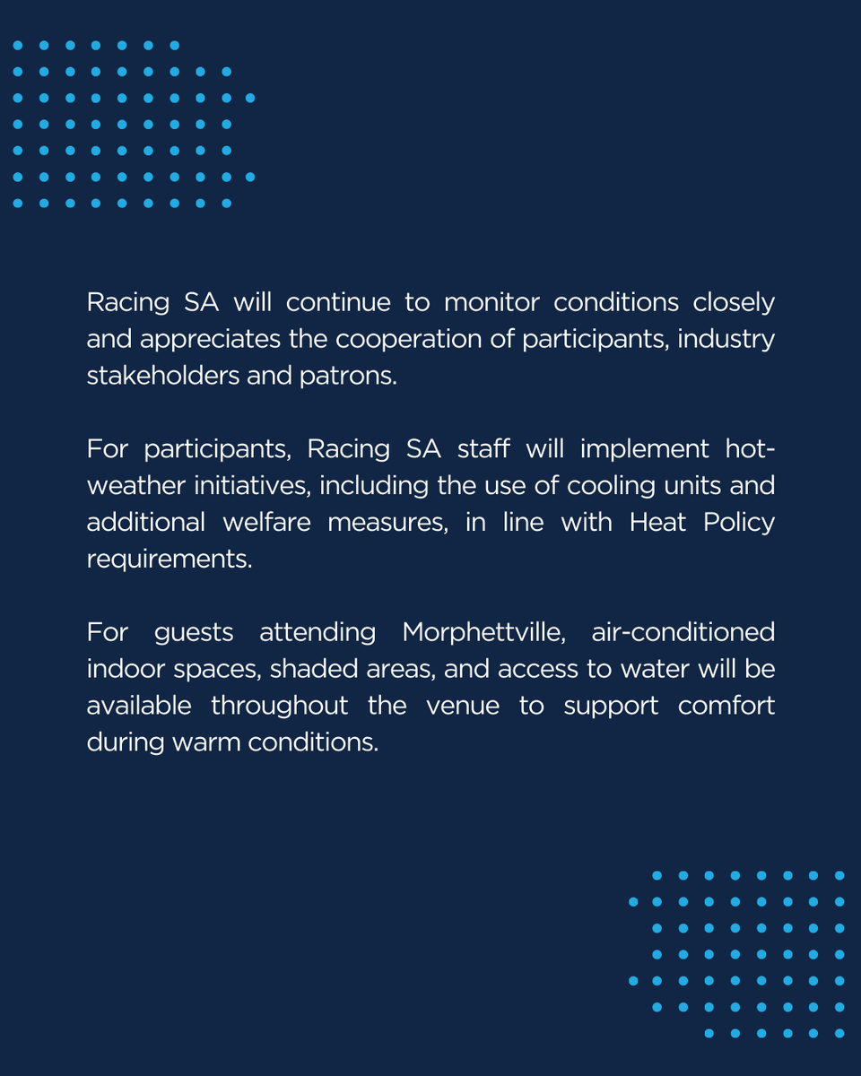RacingSA's tweet photo. UPDATE | Morphettville, Saturday 24/1
Due to the heat forecast for Saturday and in consultation with the Bureau of Meteorology, the decision has been made to bring forward the meeting times in the interests of animal welfare and participant safety.

@SAJockeyclub https://t.co/gogE6v3zco