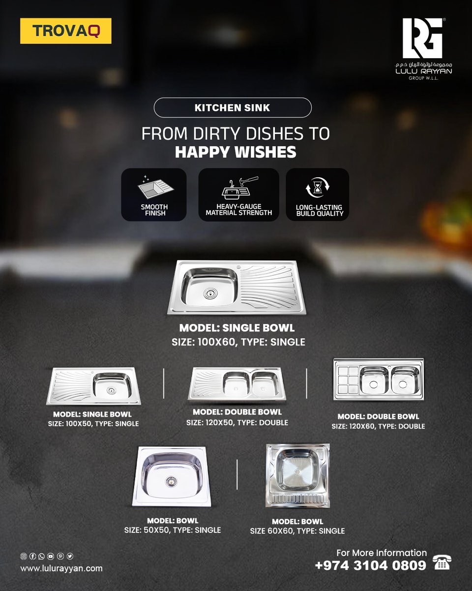 Upgrade your kitchen with our premium Kitchen Sink. ✨
Built to deliver daily performance with a smooth finish, heavy-gauge material strength, and long-lasting build quality 💪🍽️

✅ ICV Certified Product 

Visit🌐: lulurayyangroup.com
Call📞: +974 3104 0809
