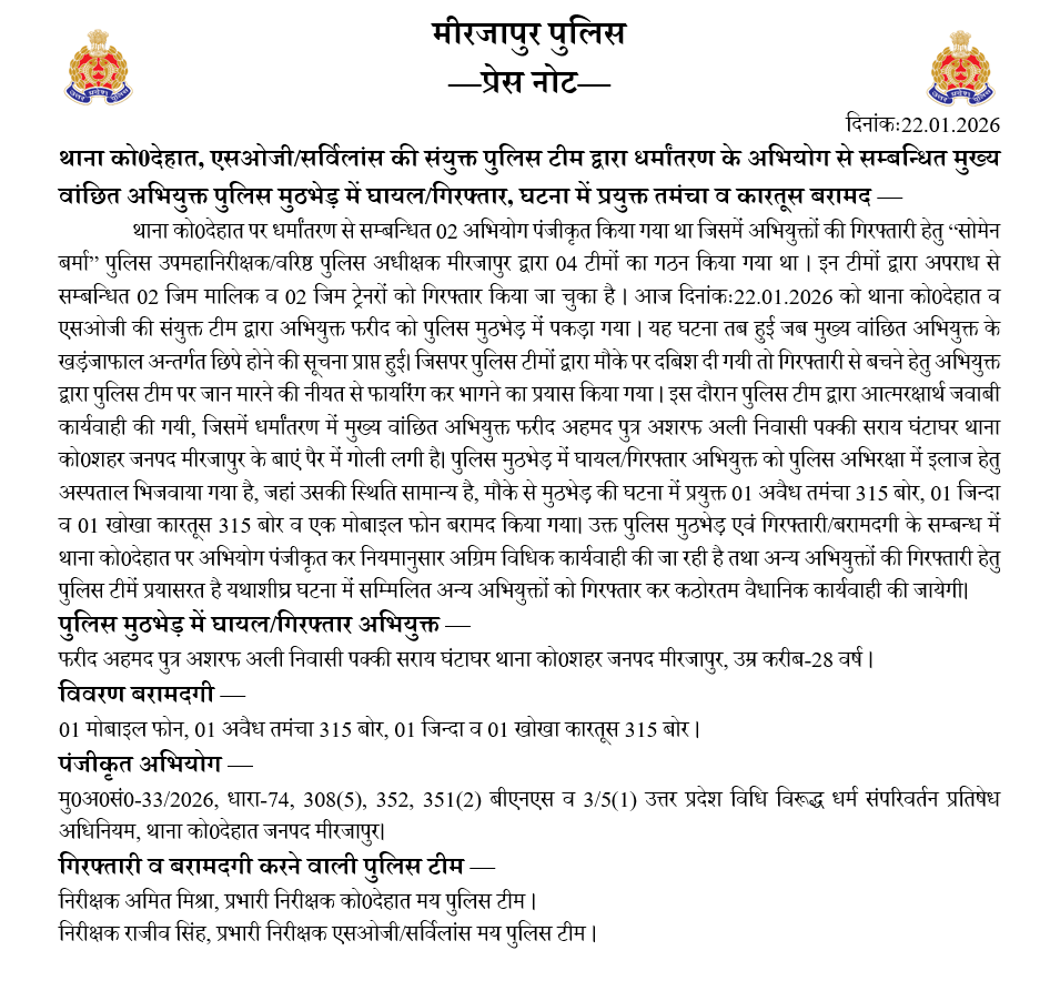 mirzapurpolice's tweet photo. #सोमेन_बर्मा DIG/SSP Mirzapur के निर्देशन में थाना को0देहात व एसओजी/सर्विलांस की संयुक्त पुलिस टीम द्वारा धर्मांतरण के अभियोग से सम्बन्धित मुख्य वांछित अभियुक्त पुलिस मुठभेड़ में घायल/गिरफ्तार, घटना में प्रयुक्त तमंचा व कारतूस बरामद —
#UPPolice #Mirzapur https://t.co/oxiCDPlUlq