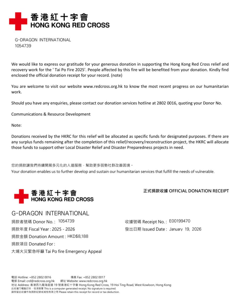 We are sharing the official certificate of donation in support of those affected by the Tai Po fire.

Every small gesture matters, and we hope this can help inspire support for others in need as we follow in the footsteps of our artist.

We will continue to stand behind his
