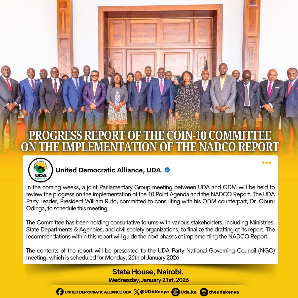 KKCommetary's tweet image. In the coming weeks, a joint Parliamentary Group meeting between UDA and ODM will be held to review the progress on the implementation of the 10 Point Agenda and the NADCO Report.#UDAImejipanga
UDA Painting Kenya Yellow 
Chama Iko Imara