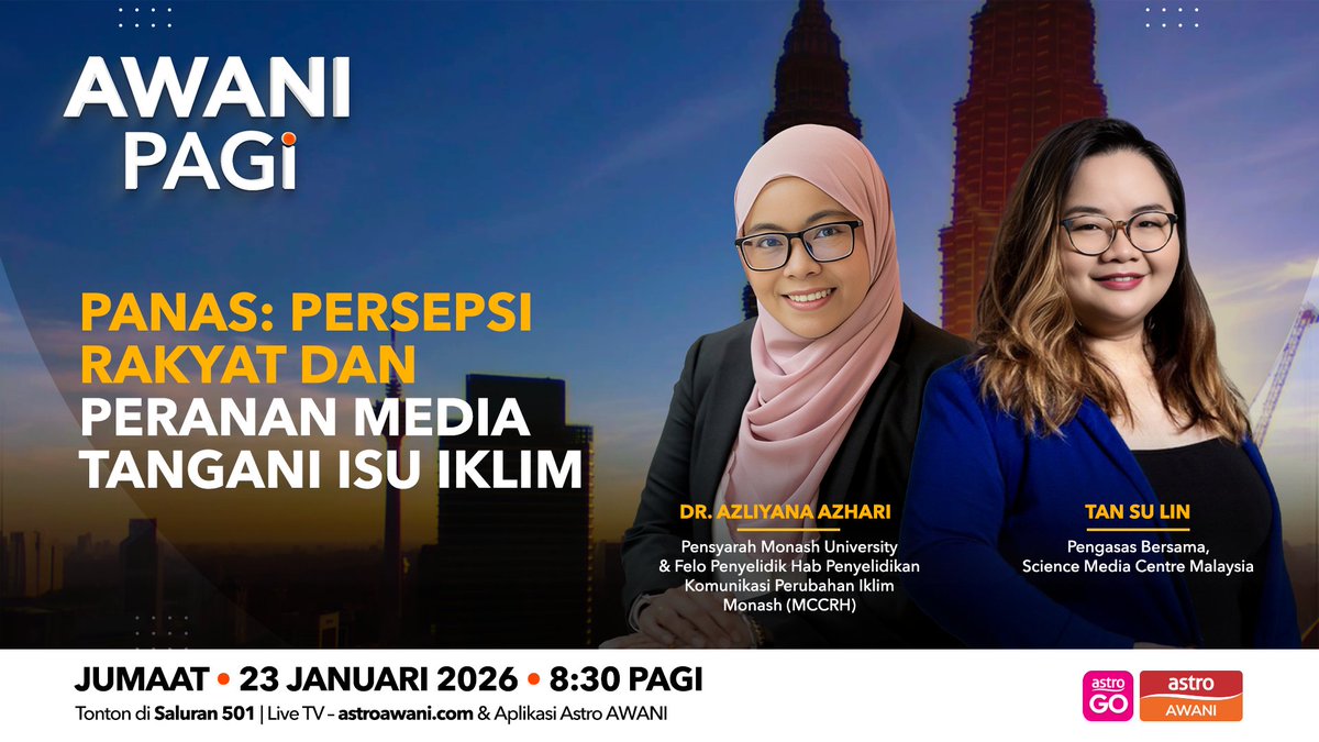 MonashMalaysia's tweet photo. Dr Azliyana Azhari from our School of Arts and Social Sciences will be on #AWANIPagi discussing public perceptions of #climatechange and the role of media in driving action. 🌏🎙️

🗓️ 23 January 2026
🕣 8.30am
📺 Astro AWANI

Tune in to @astroawanii to catch the conversation! https://t.co/VmSEw31EpX