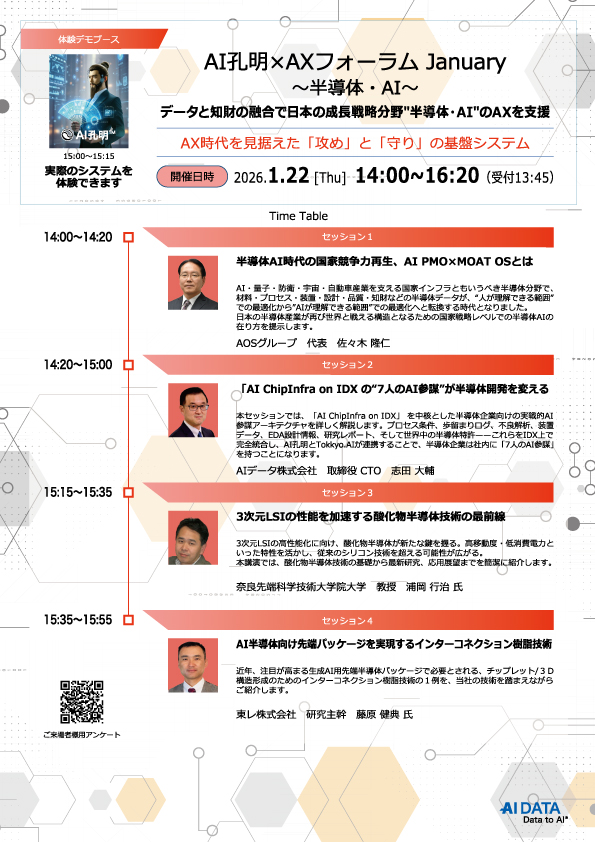 📢＼ただいま登壇中‼️／
💡AIエージェント×AXフォーラム January💡
　　　　　　～　半導体・AI　～

Session2　14:20～15:00
「AI ChipInfra on IDX の“7人のAI参謀”が半導体開発を変える
AIデータ株式会社CTO 志田 大輔

詳しくはこちら▶️idx.jp/forum/jan/