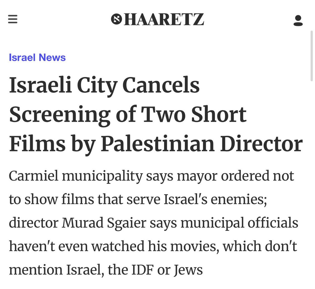 ⚡️🇵🇸🇮🇱JUST IN

An Israeli city has canceled the screening of two short films by Palestinian director Murad Sgaier.

Carmiel municipality says the mayor ordered the cancellation over fears they could offend IDF soldiers while claiming the films “serve Israel’s enemies.”