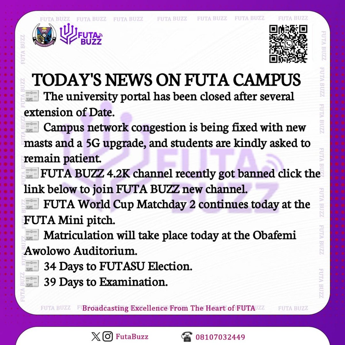 FutaBuzz's tweet photo. GOOD MORNING LADIES AND GENTLEMEN.
THURSDAY, 22ND JANUARY 2026.
*Join FUTA BUZZ CHANNEL VIA THE LINK BELOW 👇🏾*
https://t.co/742hvQ3fvA
#futa #matric #futanews #futamatriculation #futabuzz https://t.co/gsOVYtKXLI
