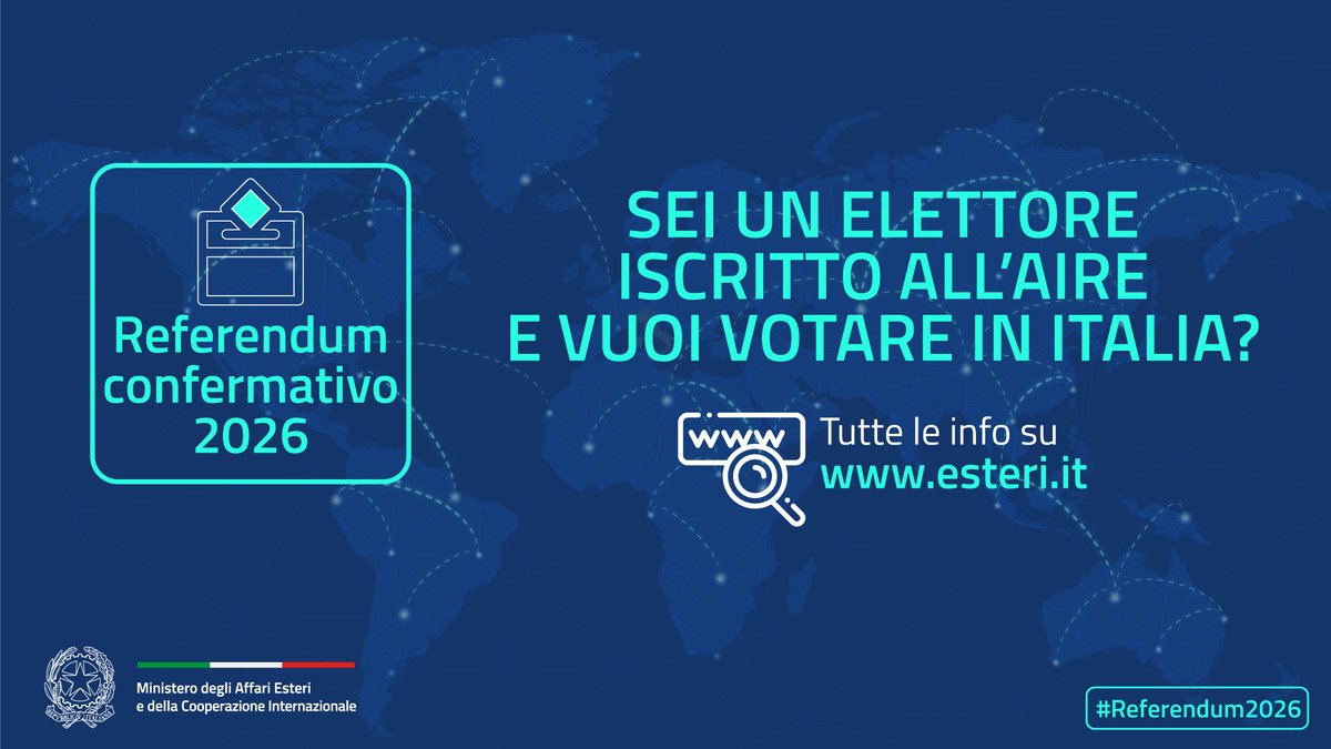 #Referendum2026
Se sei un elettore iscritto all’AIRE e vuoi votare in Italia sul quesito riguardante la c.d. "Riforma della giustizia", comunicalo al tuo Consolato entro il prossimo 24 gennaio.
conscalcutta.esteri.it