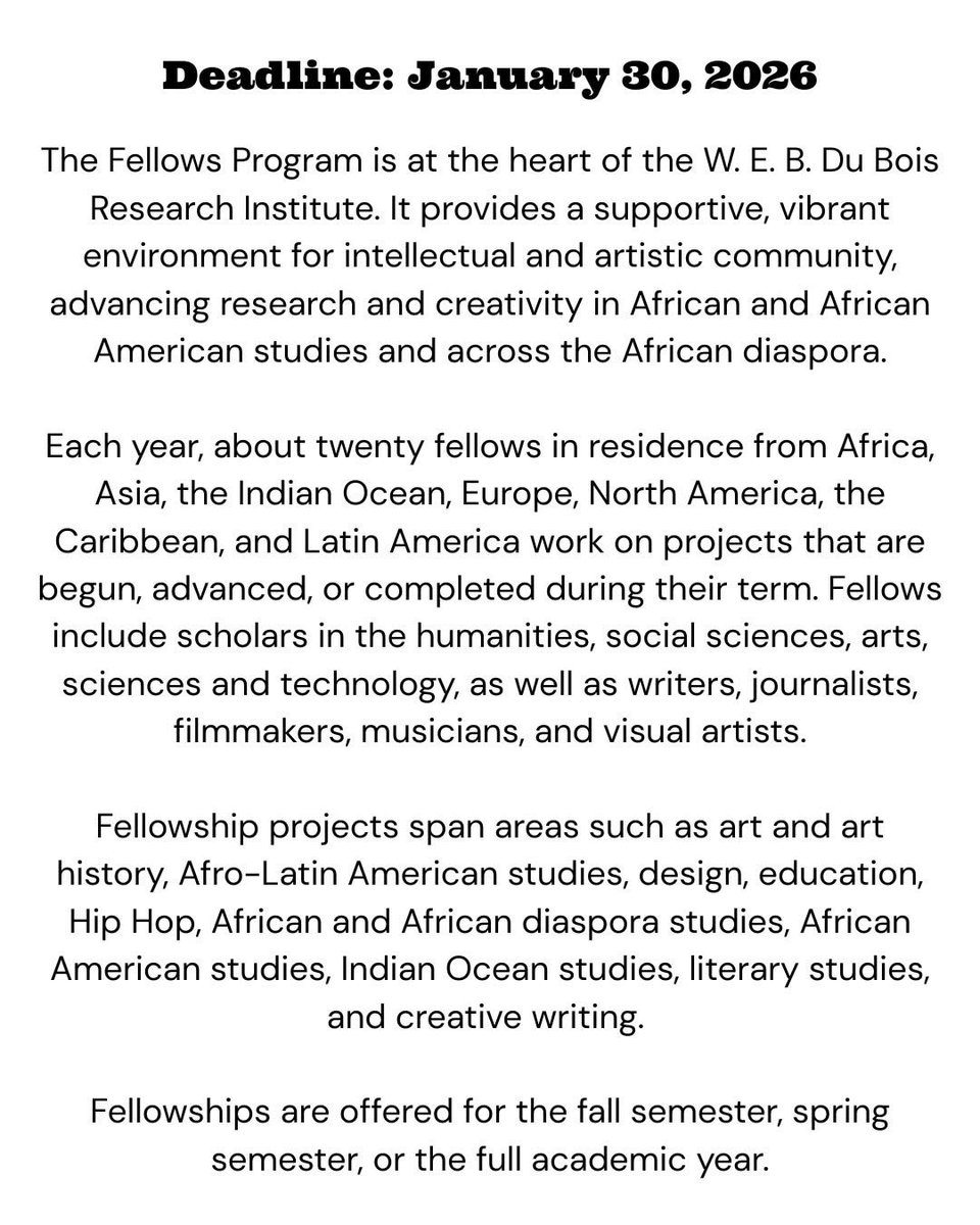 ImadeIyamu's tweet image. Nas has announced that applications are open for his Nasir Jones Hip-Hop Fellowship at Harvard University's W.E.B. Du Bois Research Center for 2026-2027 

20 people from North America, Africa, Asia,  Europe, North America, the Caribbean, etc, are chosen work on projects in the…