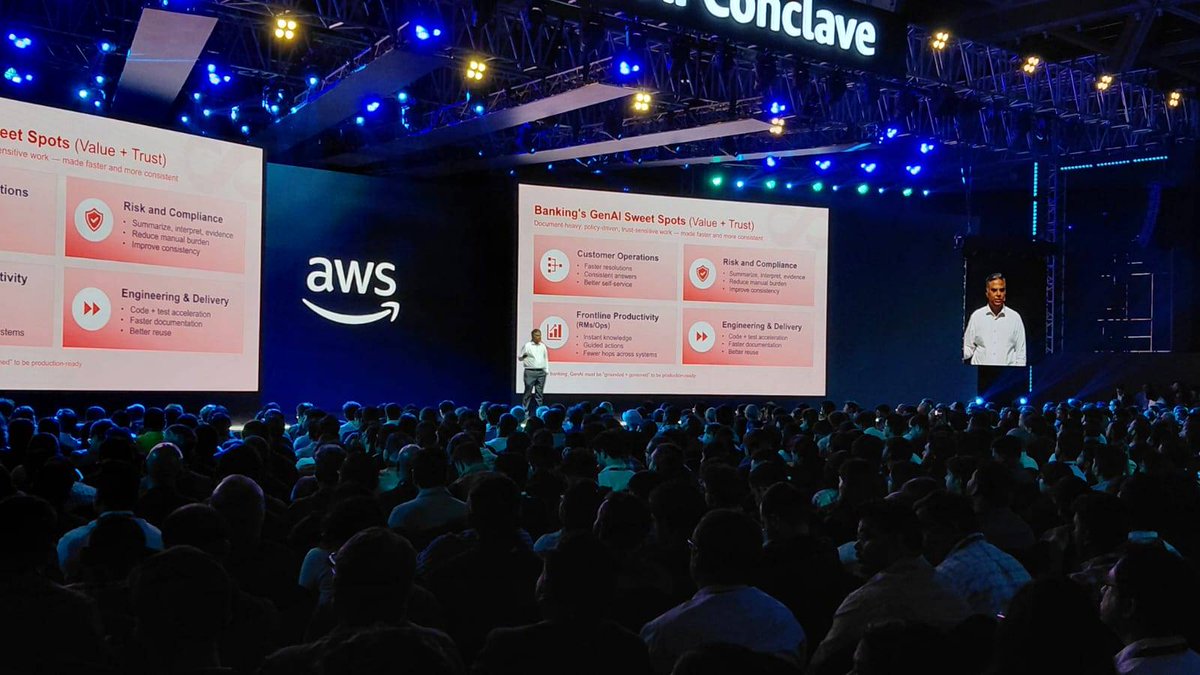 bash_with_satya's tweet photo. Technical keynotes at the AWS AI Conclave brought together AWS and enterprise leaders. Insights from G2 Krishnamoorthy and teams from Kotak Mahindra Bank, Zomato, and Axis Bank. 
@AWS #AWSAIConclaveBengaluru #AIInnovation #CloudLeadership https://t.co/YqTCp74hHe
