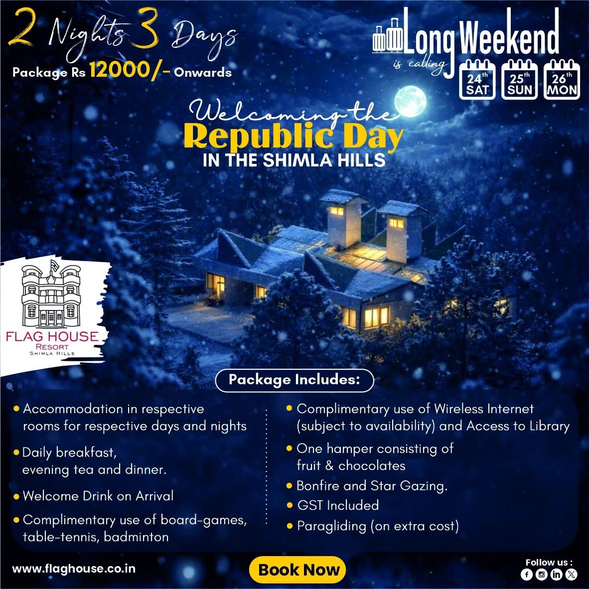 flaghouseresort's tweet photo. Wrapped in the calm of the mountains and the pride of our nation, we celebrated Republic Day where the tricolour fluttered proudly against a backdrop of misty hills and endless skies.

📞 Call/WhatsApp: +91 81301 17322
E: sales@flaghouse.co.in

#flaghouseresort #shimla https://t.co/ZMQKhZ7wCs