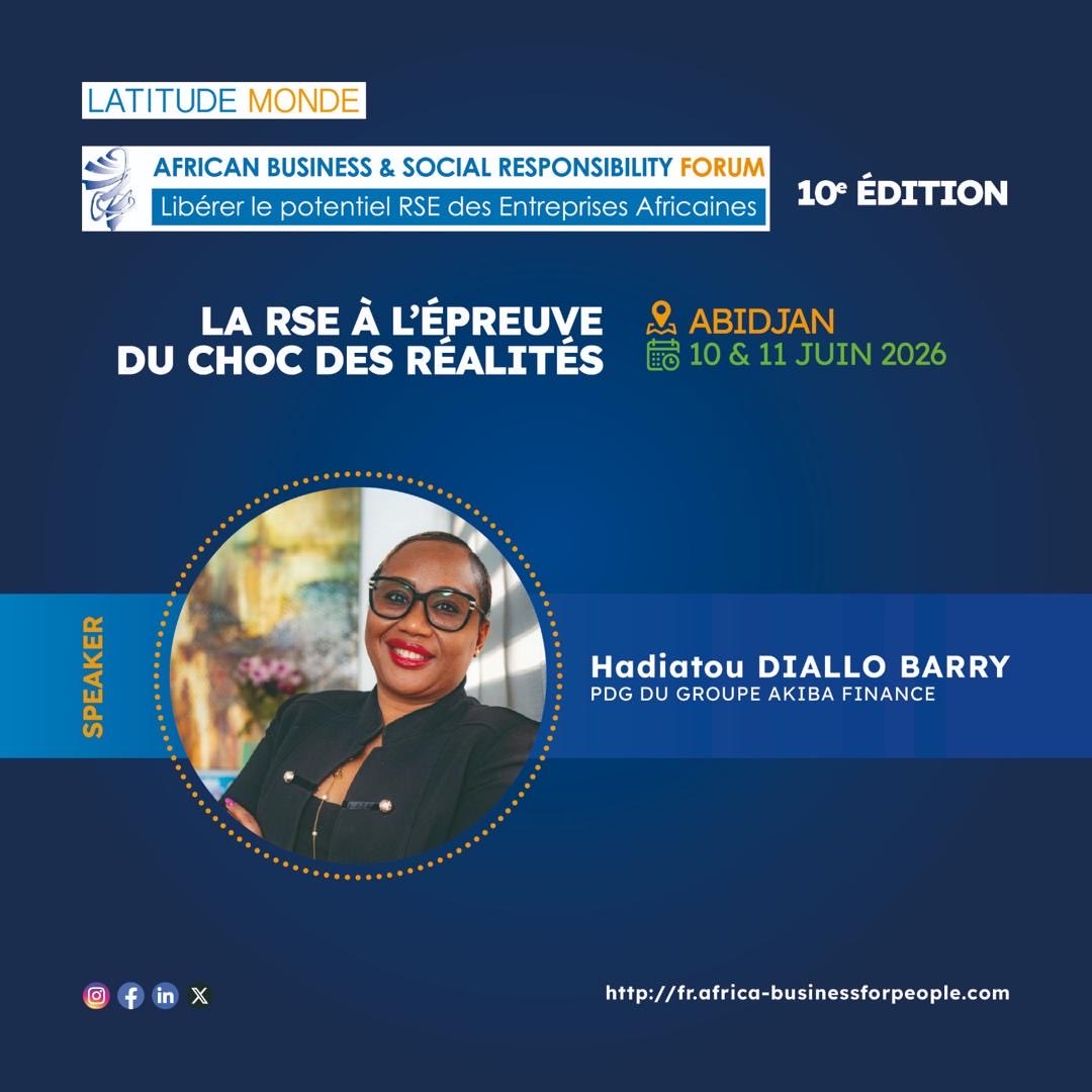 Nous sommes honorés d’accueillir Hadiatou Diallo Barry, PDG du Groupe Akiba Finance comme speaker de la 10e édition anniversaire de l’African Business and Social Responsibility Forum.
💻 contact@latitudemonde.com

#rse #impact #odd #esg #10ans
#developpementdurable #afrikadurable