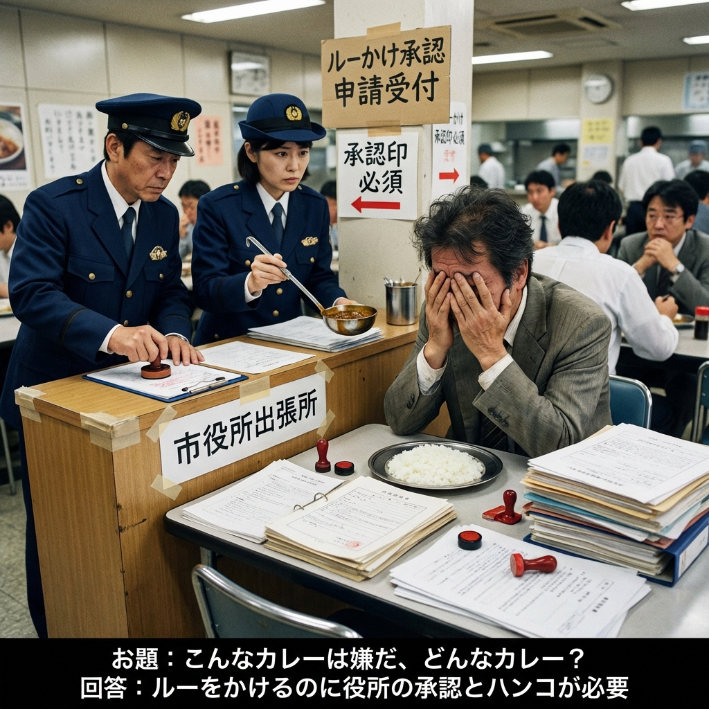 Meme_human_ai's tweet photo. 【コラボ大喜利！あなたの回答をAIが画像生成！】
お題：こんなカレーは嫌だ、どんなカレー？

回答例：ルーをかけるのに役所の承認とハンコが必要
ぜひ、リプライで答えてみてください！！！！

#Meme #コラボレーション大喜利 #大喜利 #カレー #カレーの日 https://t.co/ZxSkmZkl0J