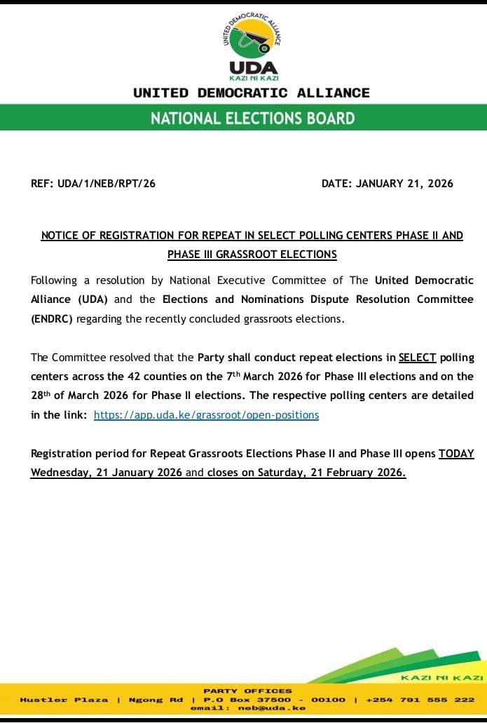 KKCommetary's tweet image. UDA PARTY ISSUES NOTICE OF REGISTRATION FOR REPEAT IN SELECT POLLING CENTERS PHASE II AND PHASE III GRASSROOT ELECTIONS
#UDAImejipanga
UDA Painting Kenya Yellow 
Chama Iko Imara