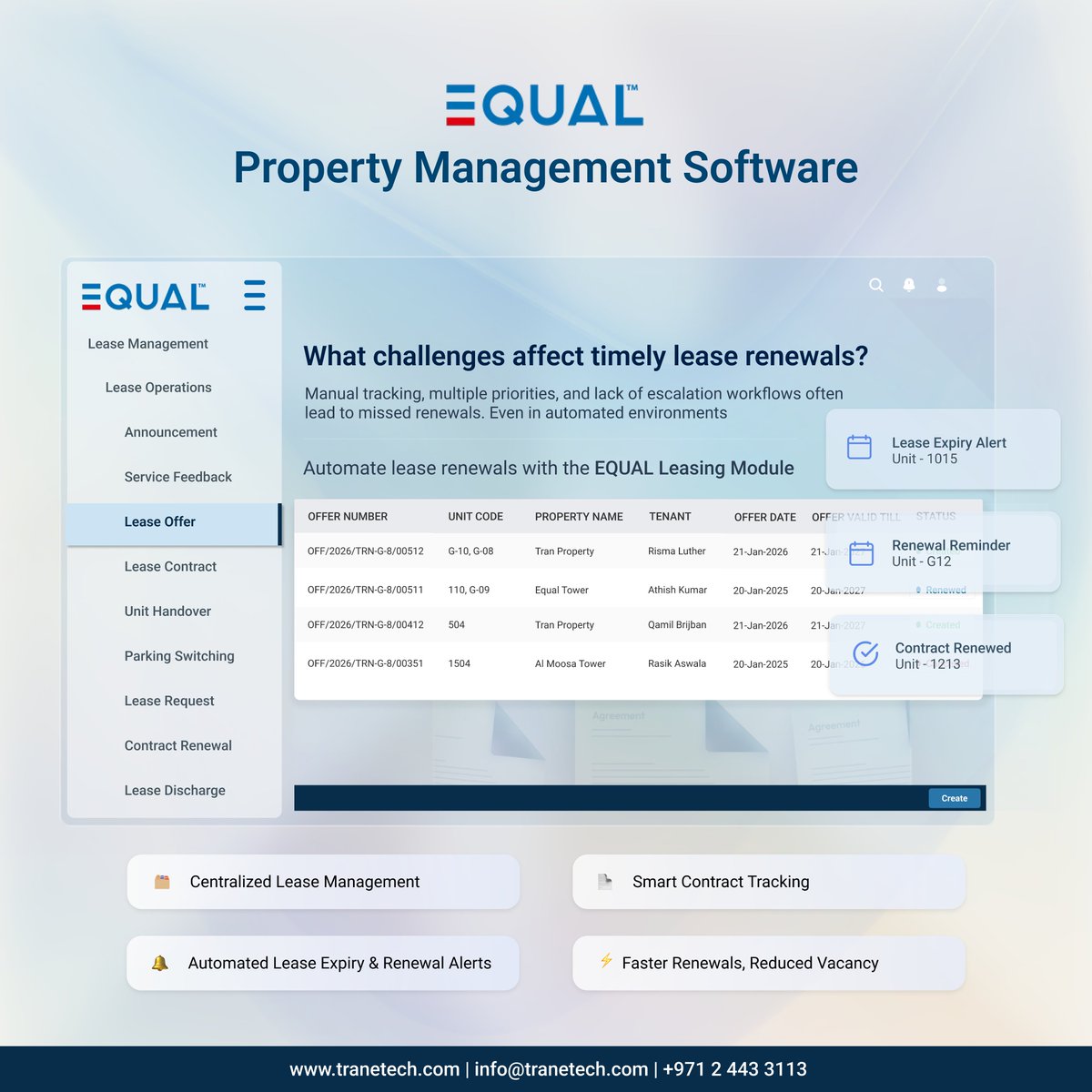 tranetech_uae's tweet photo. Automate lease tracking, get timely renewal alerts, and maximize occupancy with EQUAL Property Management Software.

Visit https://t.co/l3X2j7VbU4

Contact Us:

Abu Dhabi Branch:
📞02 443 3113
✉️ info@tranetech.com

Dubai Branch:
📞 04 514 9922
✉️ infodxb@tranetech.com https://t.co/QboJoudzLj