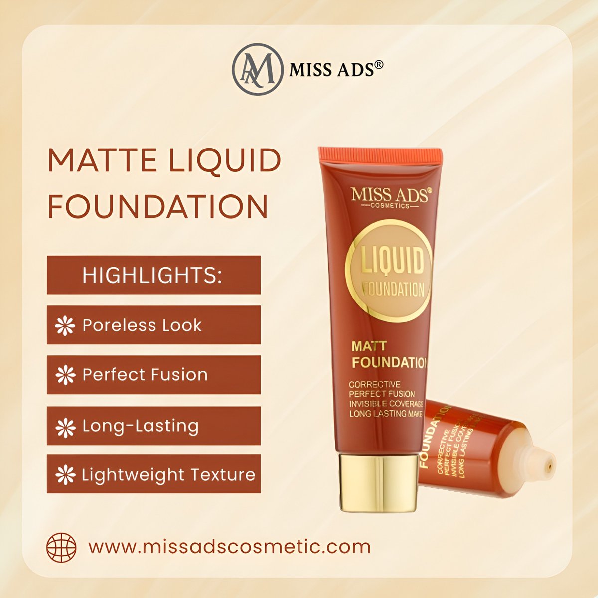 missadscosmetic's tweet image. Flawless skin starts here ✨
Meet the Miss ADS Matte Liquid Foundation — lightweight, long-lasting, and perfectly blended for a smooth, poreless finish. Elevate your everyday glam with confidence 💄🤍🌐 Shop now: missadscosmetic.com#MissADS #MatteFoundation #LiquidFoundation