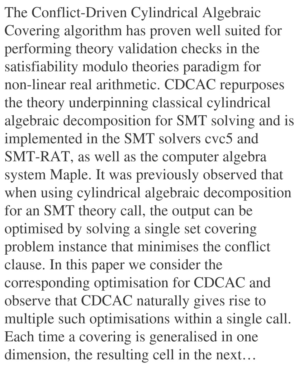 Optimising Cylindrical Algebraic Coverings for use in SMT by Solving a Set Covering Problem with Reasons

Abiola Babatunde, Matthew England, AmirHosein Sadeghimanesh
arxiv.org/abs/2601.14424 [𝚌𝚜.𝙳𝚂 𝚖𝚊𝚝𝚑.𝙲𝙾]