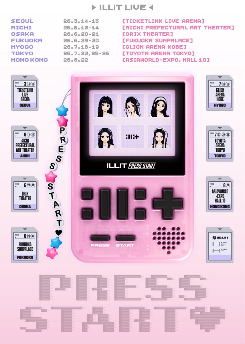 .<a href="/ILLIT_official/">ILLIT official</a>’s announces their first tour, ILLIT LIVE ‘PRESS START♥︎’.

"PRESS START" will kick off on March 14th at TICKETLINK LIVE ARENA in Seoul.