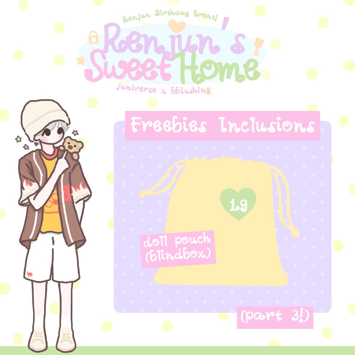 Here comes freebies part 2 &amp; part 3! The items are extra cute and made with lots of love 💛

Especially for Part 3 HEHE 👀

We won’t be uploading the design at all because it’s a BLINDBOX, you’ll only find out on D-Day 😍

#RenjunSweetHome
#RenjunOurUniverse