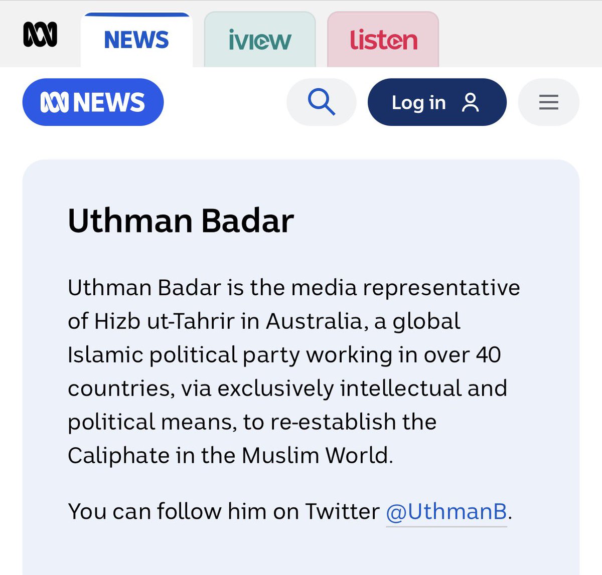 DrewPavlou's tweet image. The ABC published eight opinion pieces by the media representative of Hizb Ut Tahrir in Australia.

Their stated ideological goal is to overthrow every government on the planet in favour of an Islamic caliphate