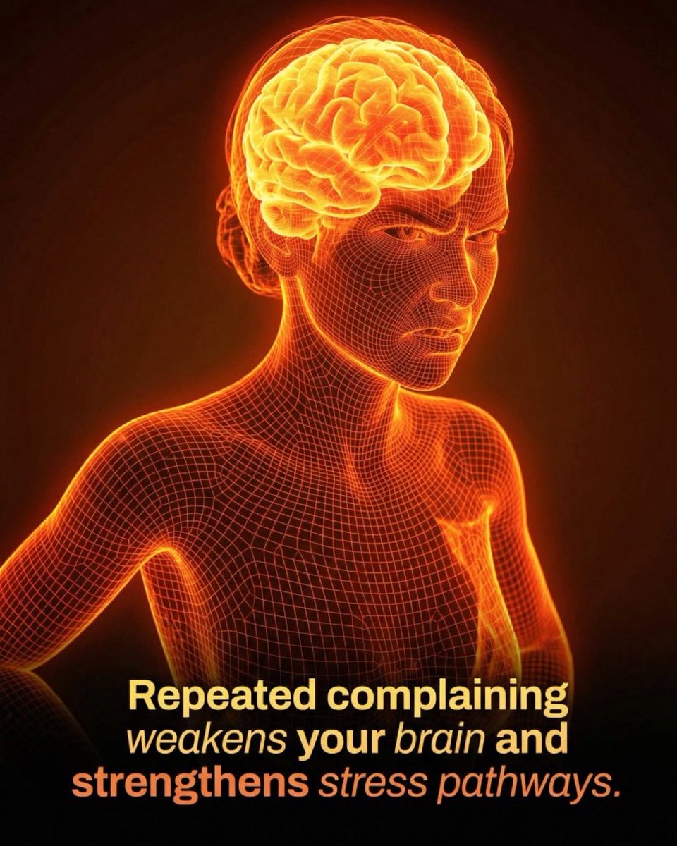 Prymax_Life's tweet image. 🚨 Complaining doesn’t just affect your mood — it rewires your brain.

Every time you complain, you activate the same neural circuits tied to stress and threat detection. Do it often enough, and your brain adapts.

That’s neuroplasticity.

The pathways you use the most become the…
