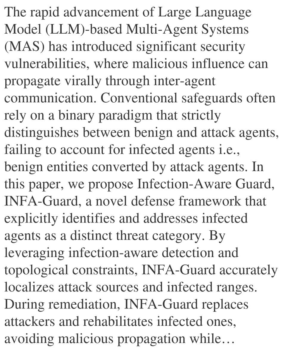 PIN's tweet image. INFA-Guard: Mitigating Malicious Propagation via Infection-Aware Safeguarding in LLM-Based Multi-Agent Systems

Yijin Zhou, Xiaoya Lu, Dongrui Liu, Junchi Yan, Jing Shao
arxiv.org/abs/2601.14667 [𝚌𝚜.𝙼𝙰 𝚌𝚜.𝙰𝙸]