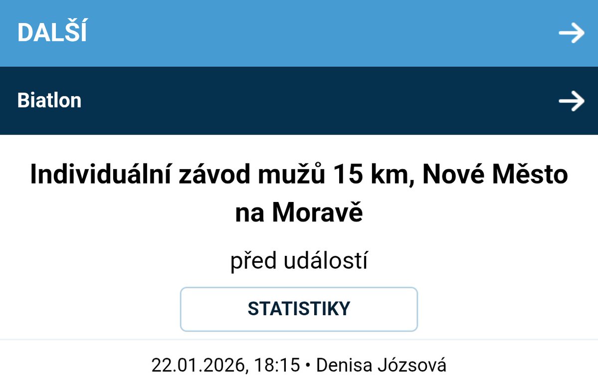 ⛷️ Biatlon | Ve čtvrtek se v Novém městě na Moravě pojede individuální závod mužů na 15 km. Počínání českých závodníků můžete sledovat prostřednictvím našeho onlajn přenosu ⤵️ 1url.cz/FJyjo
#Onlajny_com #Biathlon
