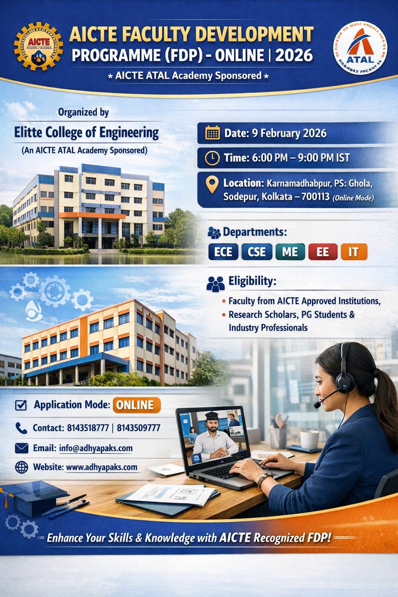 The_Adhyapaks's tweet image. share.google/NIVfTOpDWSzud1…
#AICTE #ATALAcademy #FacultyDevelopmentProgramme #OnlineFDP #EngineeringFaculty #CSE #ECE #MechanicalEngineering #ElectricalEngineering #IT #ResearchScholars #AcademicGrowth #Kolkata #HigherEducation