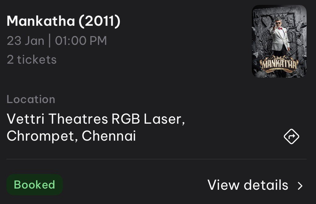 #MankathaReRelease 2 tickets availabe in Vettri theatres same as online price dm me if needed
