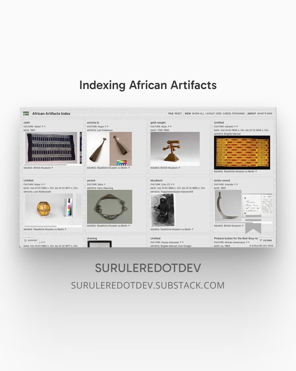 suruleredotdev's tweet photo. New essay: “Indexing African Artifacts” — on an extensive archival index for exploration and insight through comparative analysis

Launching the Artifacts Index site as well, check it out below! https://t.co/nZim7K0K5j