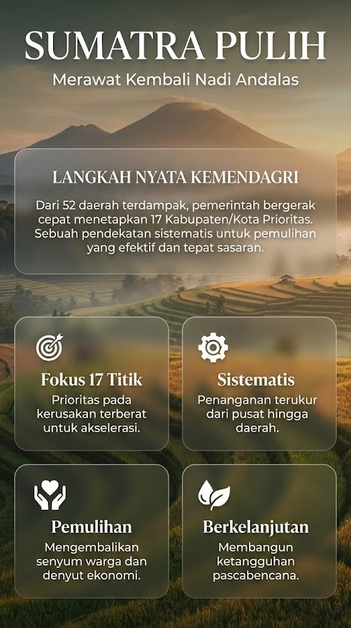 KabarDesa_ID's tweet photo. Sumatra perlahan membasuh lukanya. 🌿
Dari 52 daerah yang terdampak, Kemendagri mengambil langkah taktis dengan menetapkan 17 Kabupaten/Kota Prioritas. Ini bukan sekadar memilah angka, tapi upaya "Merawat Kembali Nadi Andalas" 
#KabarDesa #SumateraPulih #NadiAndalas #Kemendagri https://t.co/0STEi4CbqQ