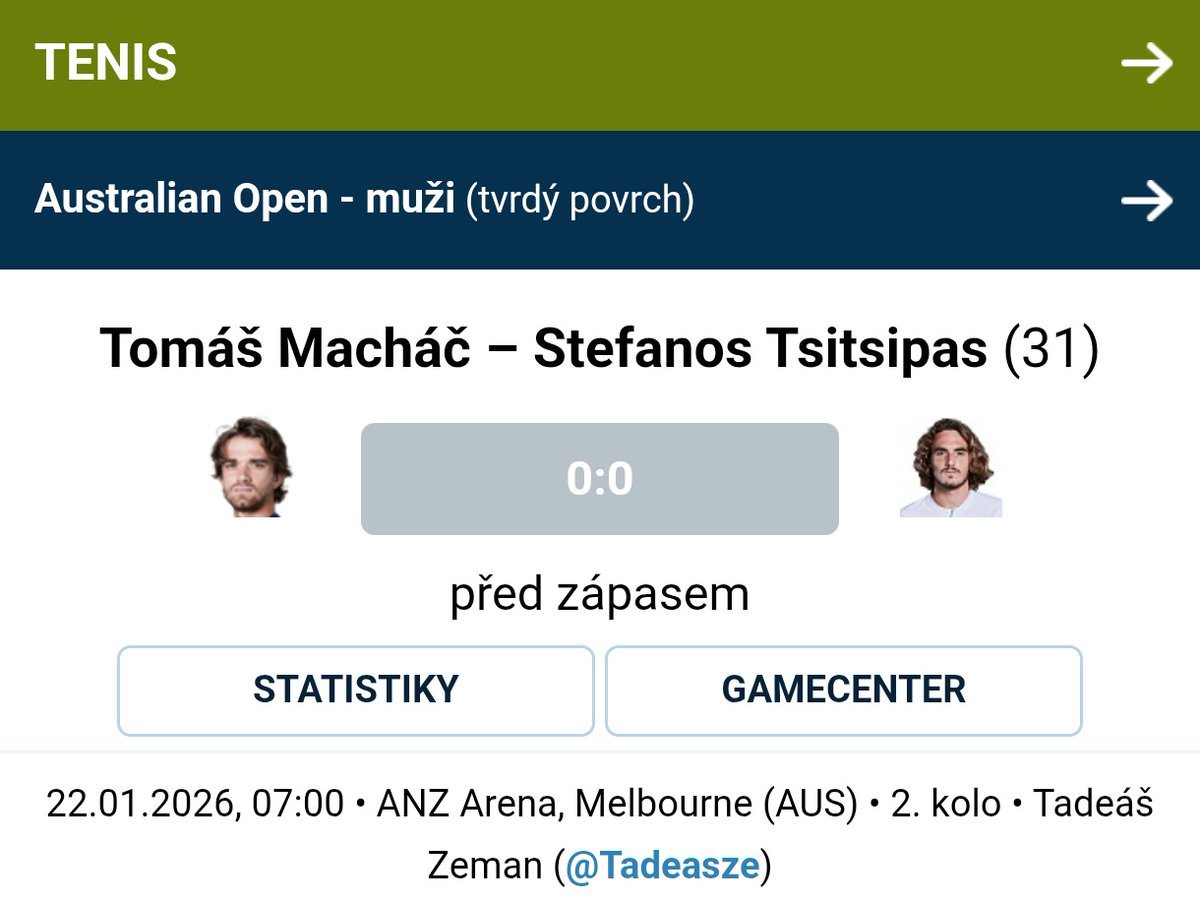 🎾 Tenis | Tomáš Macháč si na Australian Open zahraje druhé kolo, ve kterém ho čeká bývalá světová trojka Stefanos Tsitsipas z Řecka. Podaří se rodákovi z Berouna postoupit dále ❓Textová reportáž poběží ⤵️ 1url.cz/QJyjE
#Onlajny_com #AO #australianopen