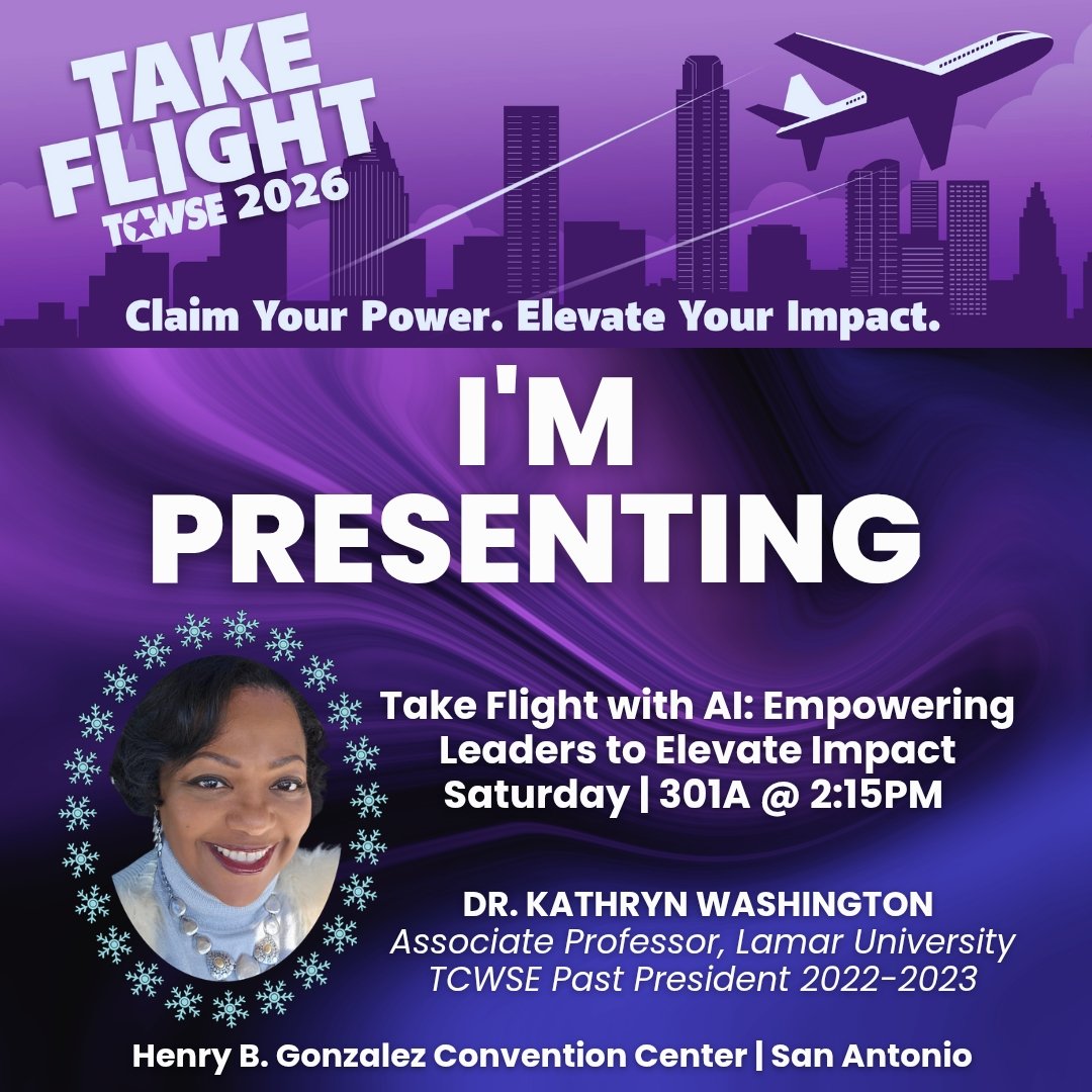 Drkathrynwash7's tweet image. I'm Presenting &amp;amp; Taking Flight! Let the conference season begin!! Join me on Saturday 301A @ 2:15PM to Take Flight with AI: Empowering Leaders to Elevate Impact! @ Henry B. Gonzalez Convention Center.

#WeAreLU #See4Yourself #higheredlife #TENURED