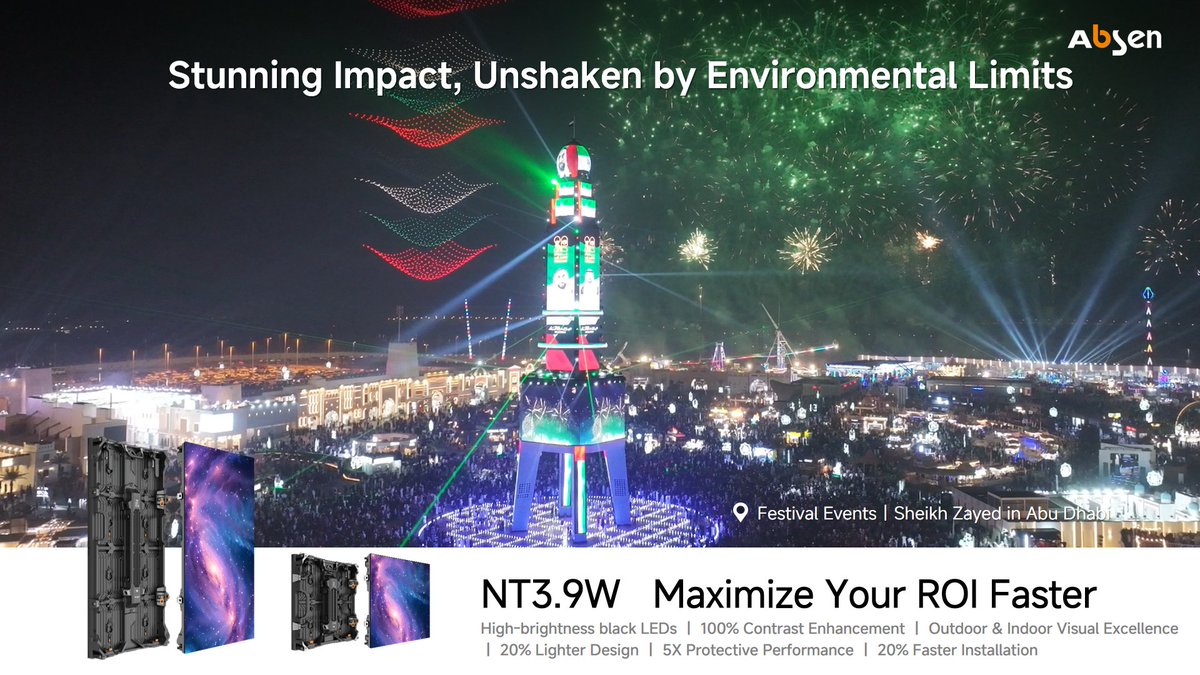 LEDAbsen's tweet image. Lighting up a national celebration in the heart of the desert

At the Sheikh Zayed Festival in Abu Dhabi, Absen delivered 2,300㎡ of LED displays, wrapping a 60-meter landmark tower with immersive visuals.

#Absen #Absenled #LEDDisplay