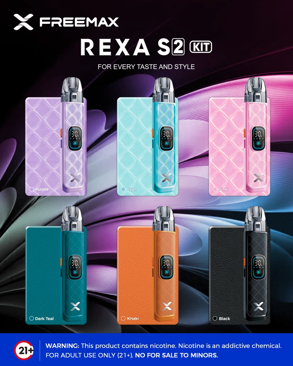 Freemaxvape's tweet photo. Your style, your pick. ✨ The all-new FREEMAX REXA S2 KIT.
Which color are you choosing? Let us know below! 👇
.
.
.
.
.
⚠️ Warning: This product contains nicotine. Nicotine is an addictive chemical.
🔞 Must be 21+.
-
#Freemax #PodSystem #pickone #RexaS2 #ChooseYourStyle https://t.co/c3YgL9F4f9
