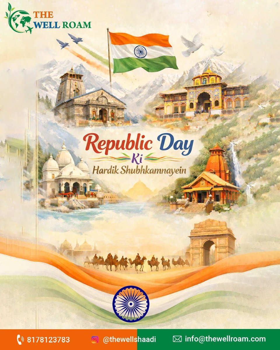 thewellroam's tweet photo. Celebrating the spirit of India on this Republic Day! 🇮🇳 Wishing everyone a day filled with pride, joy, and unity. Hardik Shubhkamnayein from The Well Roam! 🙏
.
.
📞 +91 81781 23783
📧 info@thewellroam.com
🌐 https://t.co/xAmk5iEkaU
.
.
#TheWellRoam #RepublicDay2026 https://t.co/FVm3BGpkuV