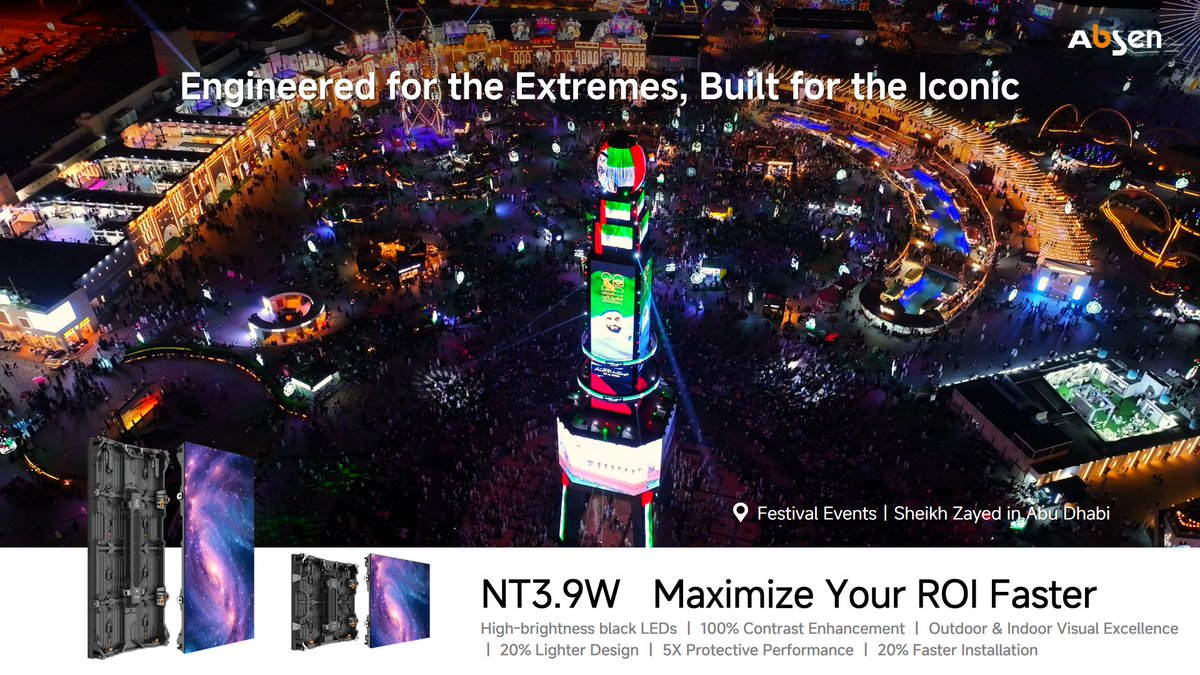 LEDAbsen's tweet image. Lighting up a national celebration in the heart of the desert

At the Sheikh Zayed Festival in Abu Dhabi, Absen delivered 2,300㎡ of LED displays, wrapping a 60-meter landmark tower with immersive visuals.

#Absen #Absenled #LEDDisplay