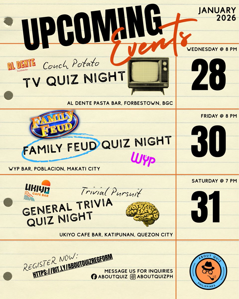 aboutquizph's tweet photo. Here is our January line up remaining! 

Register at: https://t.co/b3u9O0diSb https://t.co/4EMUV3Og5W