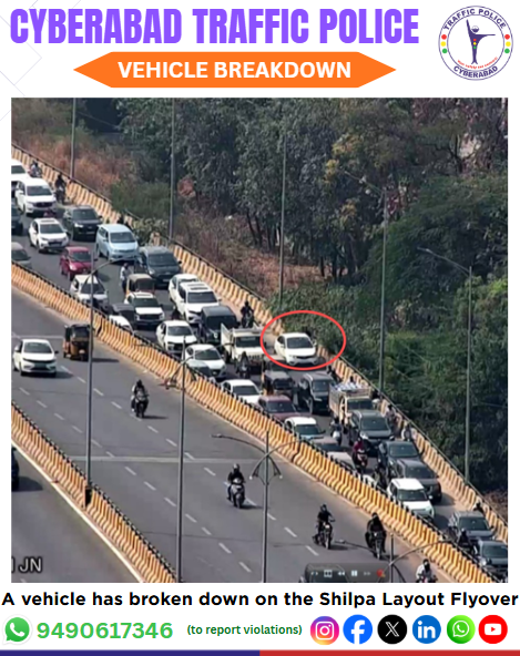 CYBTRAFFIC's tweet image. 🚨 Vehicle Breakdown Alert – Shilpa Flyover

Traffic slow due to a vehicle breakdown on Shilpa Flyover. 
Cyberabad Traffic Police are monitoring and clearing the congestion. 
Drive carefully and expect minor delays.

#TrafficUpdate #ShilpaFlyover #VehicleBreakdown #DriveSafe