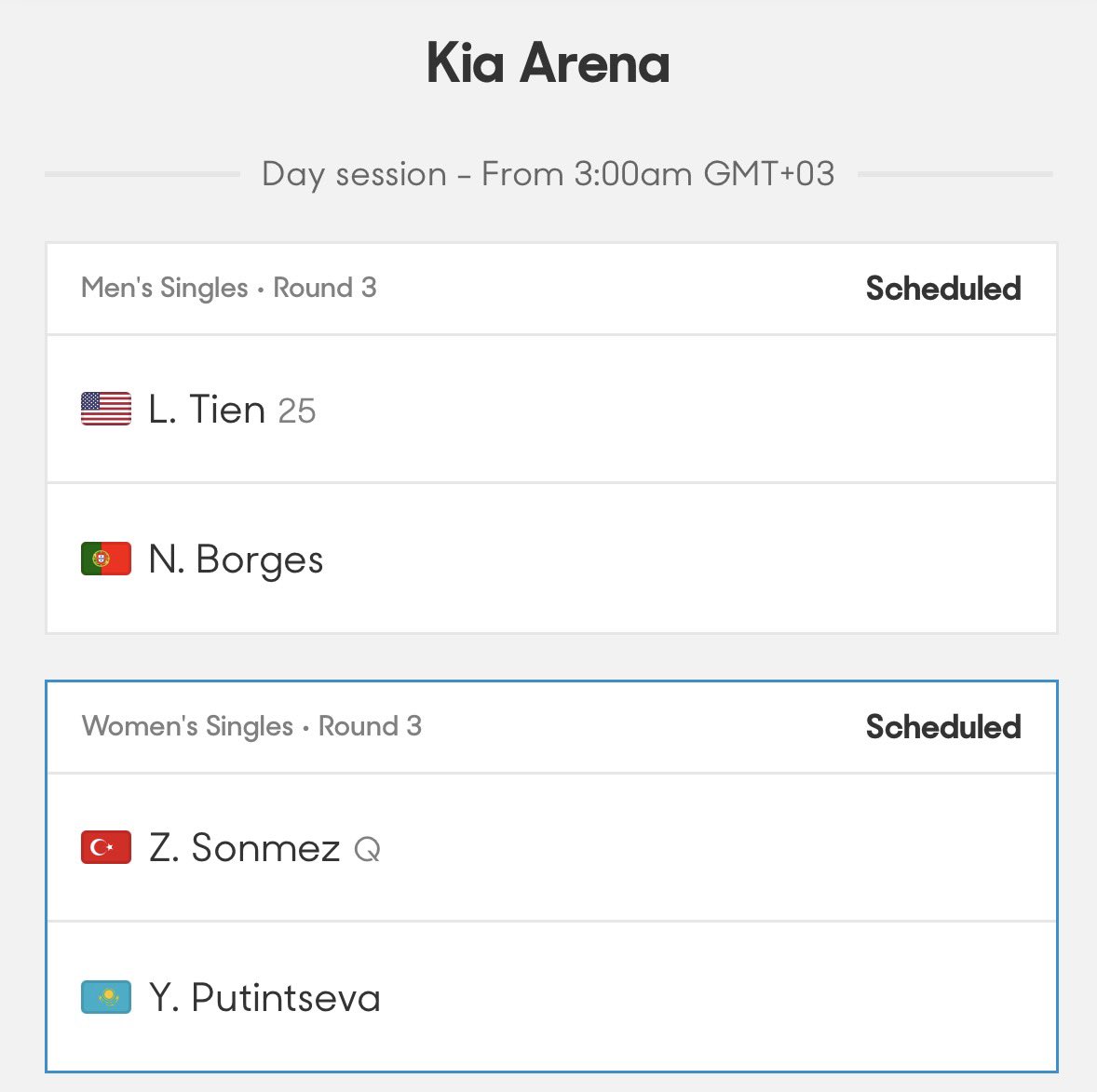 Zeynep Sönmez - Yulia Putintseva maçı, dördüncü büyük kort olan Kia Arena’da, gecenin ikinci maçı olacak. Önceki maçın bitimine bağlı, cuma sabahı 06.00 civarı başlar.