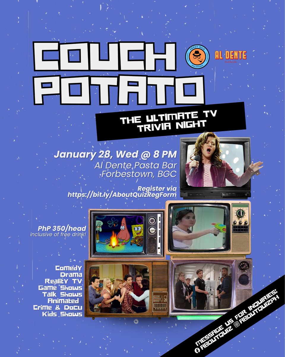 aboutquizph's tweet photo. TV Quiz Night happening next week in Al Dente in BGC! See you there! https://t.co/PsPVCUMtXo