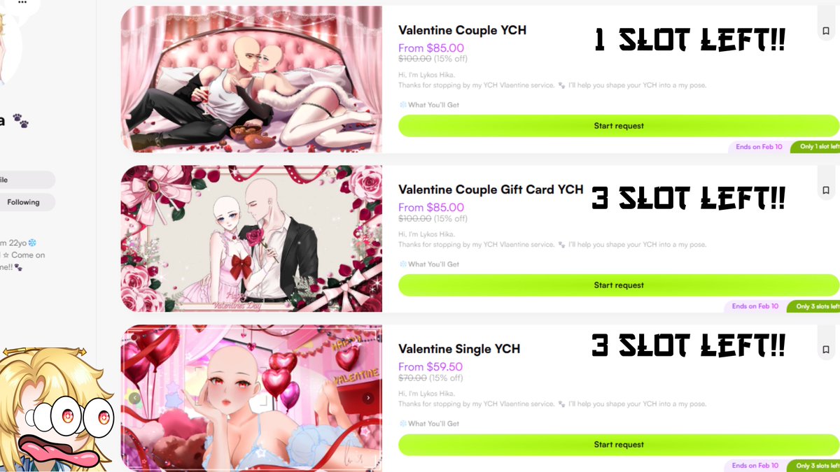 lykoshika's tweet photo. LIMITED COMMS - RT's are appreciated!
You can check my VGen for this VDay
Skeb or YCH's Im totally ready for it <33

#VGencomms #commissionopen #ValentinesDay https://t.co/uTDWjw0JPw